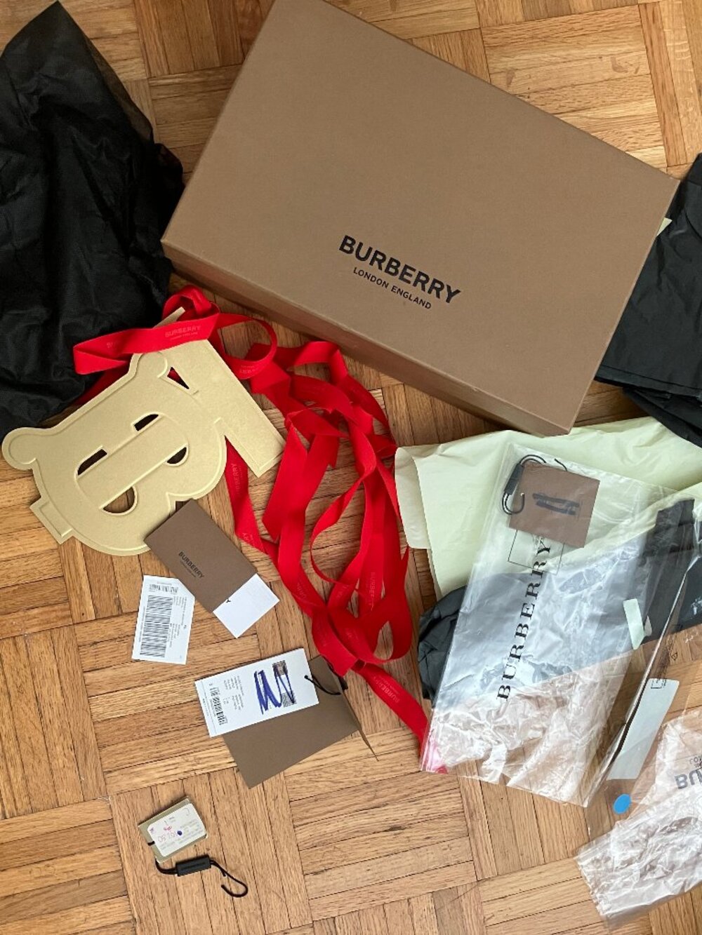 Burberry box 13.5"x9"x5", tissue, cards, ribbons, plastics, black generic dust